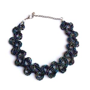 Irridesant Black Beaded Choker Necklace Sead Bead Swirly Handmade